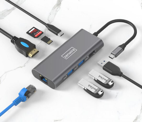 HUB USB-C ADAPTER 9w1 ZENWIRE z porti: HDMI 4K, 2x USB 3.0, USB 2.0, SD ja micro SD, toiteedastus 100 W, Fast Ethernet RJ45, Macbook Pro Air M1, Samsung DEX adapter hind ja info | USB jagajad, adapterid | kaup24.ee