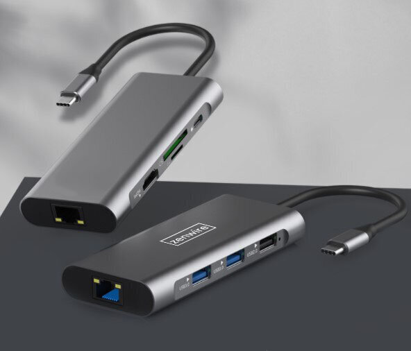 HUB USB-C ADAPTER 9w1 ZENWIRE z porti: HDMI 4K, 2x USB 3.0, USB 2.0, SD ja micro SD, toiteedastus 100 W, Fast Ethernet RJ45, Macbook Pro Air M1, Samsung DEX adapter hind ja info | USB jagajad, adapterid | kaup24.ee