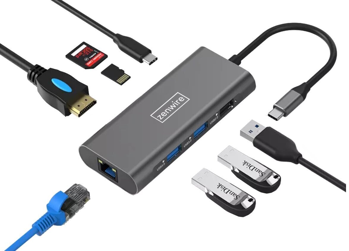 HUB USB-C ADAPTER 9w1 ZENWIRE z porti: HDMI 4K, 2x USB 3.0, USB 2.0, SD ja micro SD, toiteedastus 100 W, Fast Ethernet RJ45, Macbook Pro Air M1, Samsung DEX adapter цена и информация | USB jagajad, adapterid | kaup24.ee