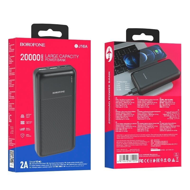 Borofone BJ16A Cube akupank 20000 mAh / 2 x USB must цена и информация | Akupangad | kaup24.ee