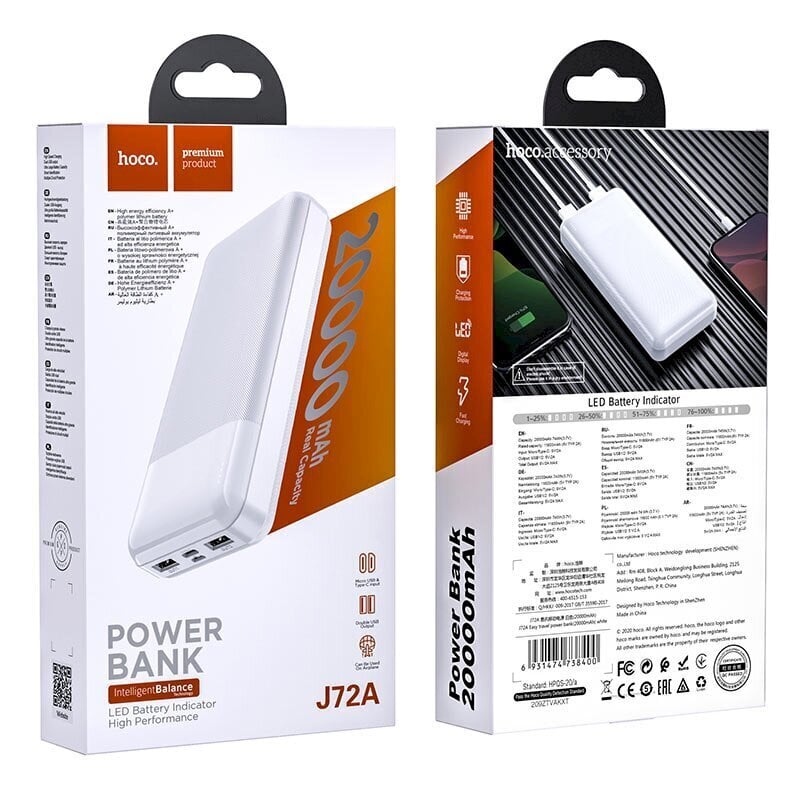 HOCO J72A Easy akupank 20000 mAh / 2 x USB valge цена и информация | Akupangad | kaup24.ee