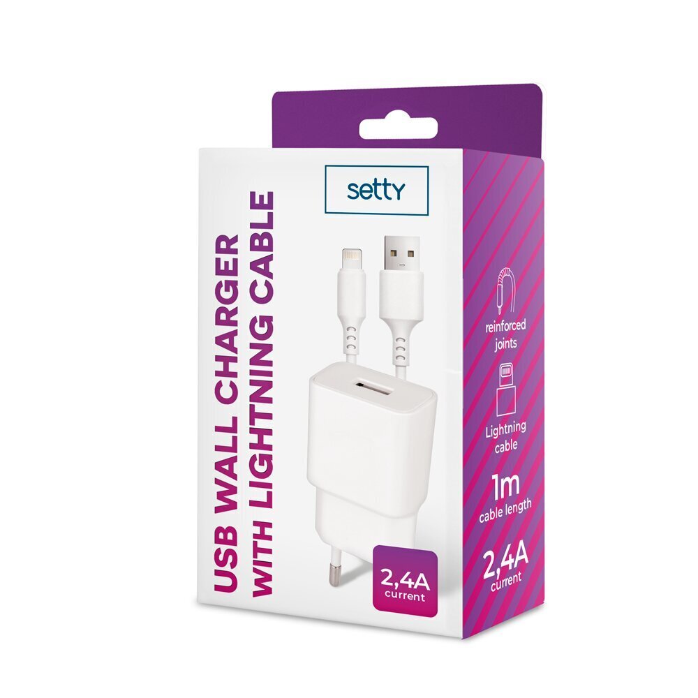 Setty charger 1x USB 2,4A white + Lightning cable 1,0 m NEW цена и информация | Mobiiltelefonide laadijad | kaup24.ee