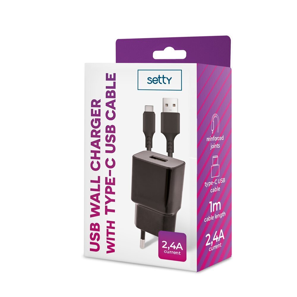 Setty charger 1x USB 2,4A black + USB-C cable 1,0 m NEW hind ja info | Mobiiltelefonide laadijad | kaup24.ee