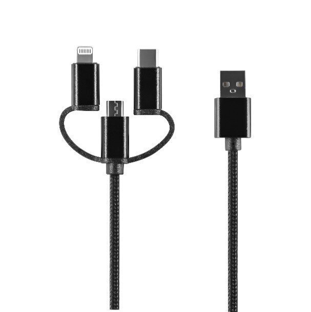 Setty 3in1 cable USB - Lightning + USB-C + microUSB 1,0 m 2A black nylon DT цена и информация | Mobiiltelefonide kaablid | kaup24.ee