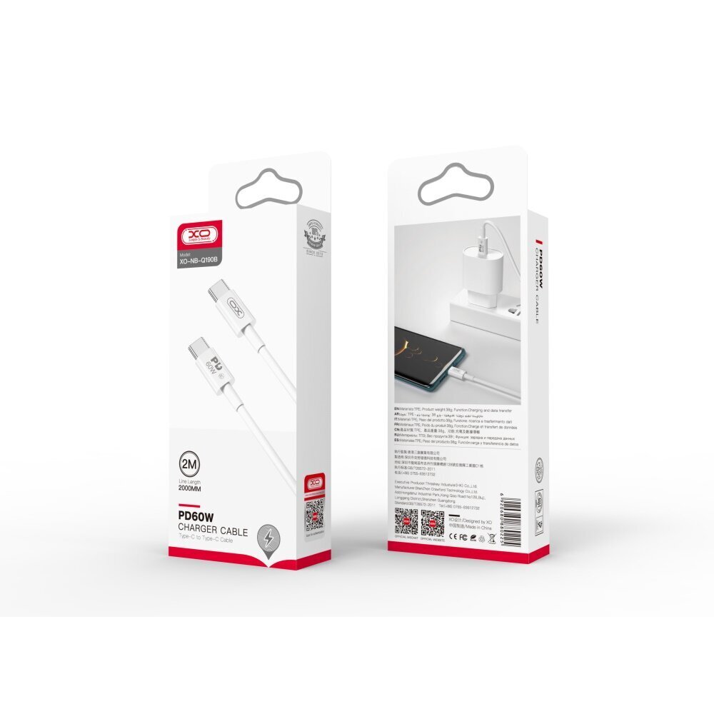 XO cable NB-Q190B USB-C - USB-C 2,0m 60W white hind ja info | Mobiiltelefonide kaablid | kaup24.ee