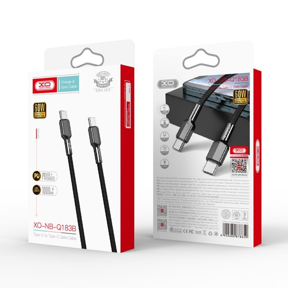 XO cable NB183B USB-C - USB-C 1,0m 60W black hind ja info | Mobiiltelefonide kaablid | kaup24.ee
