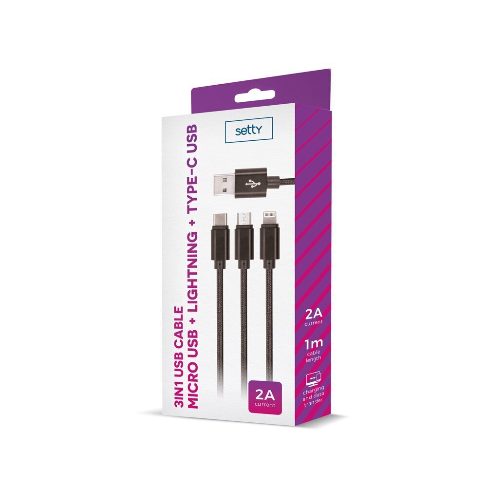 Setty 3in1 cable USB - Lightning + USB-C + microUSB 1,0 m 2A black nylon цена и информация | Mobiiltelefonide kaablid | kaup24.ee