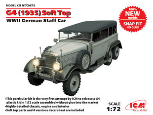 Сборная модель ICM 72472 G4 (1935 production) Soft Top, WWII German Staff Car, snap fit/no glue 1/72 цена и информация | Склеиваемые модели | kaup24.ee