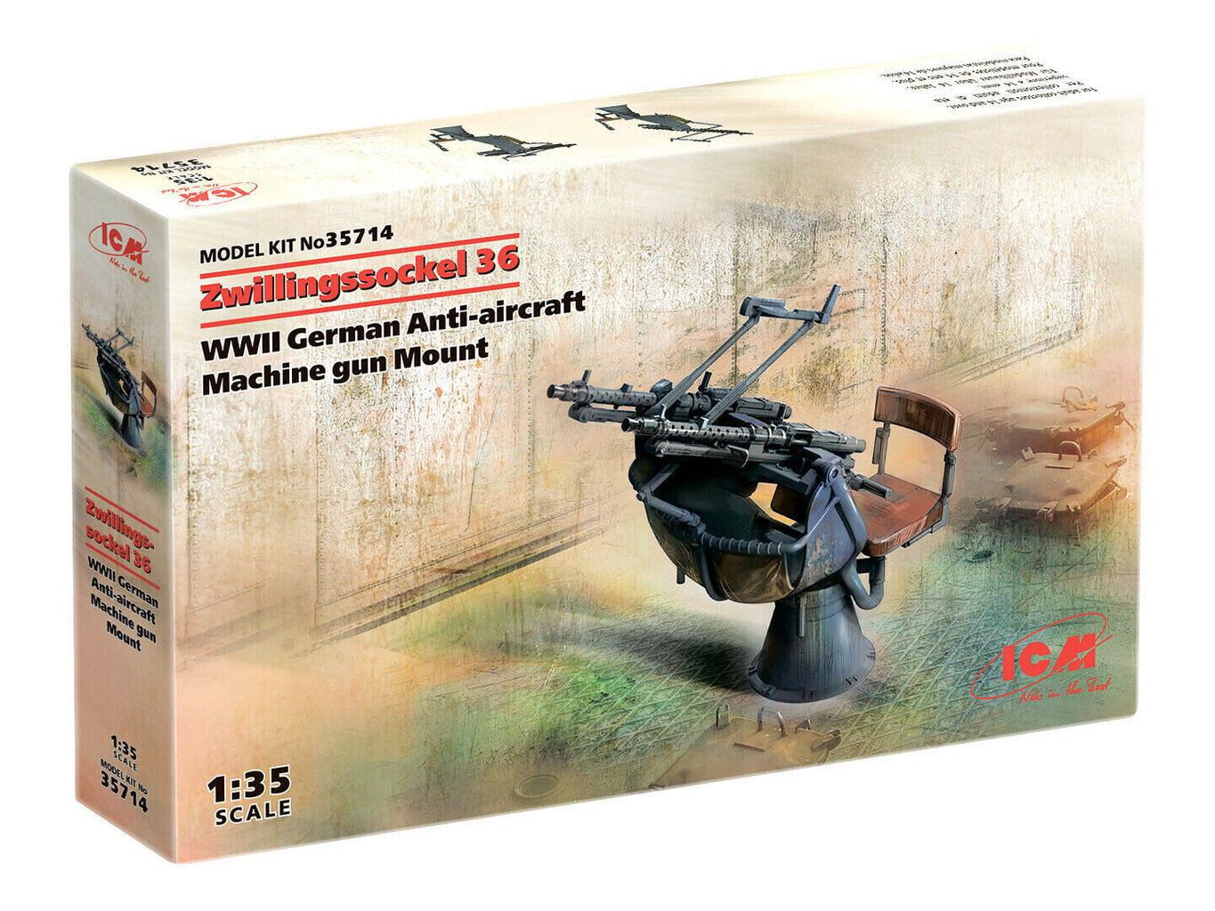 Kokkupandav mudel ICM 35714 Zwillingssockel 36, WWII German Anti-aircraft Machihe gun Mount 1/35 цена и информация | Liimitavad mudelid | kaup24.ee