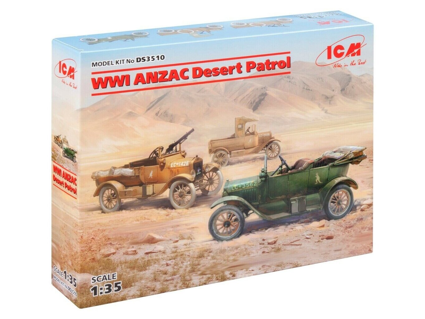 Liimitav mudel ICM DS3510 WWI ANZAC Desert Patrol (Model T LCP, Utility, Touring) 1/35 hind ja info | Liimitavad mudelid | kaup24.ee