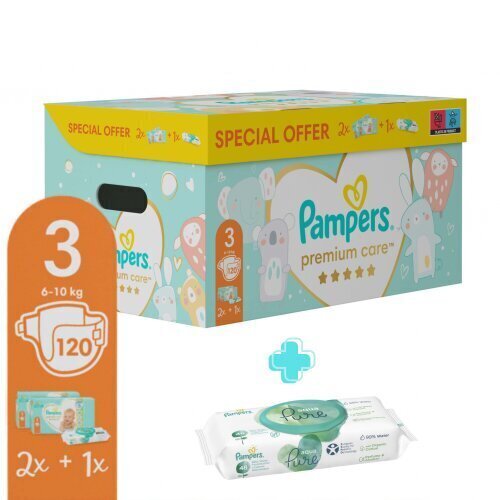 Pampers Premium Care Suurus 3 (Mini), 6–10 Kg, 120 Mähet + TASUTA Aqua Pure 48 Niisket Salvrätikut hind ja info | Mähkmed | kaup24.ee