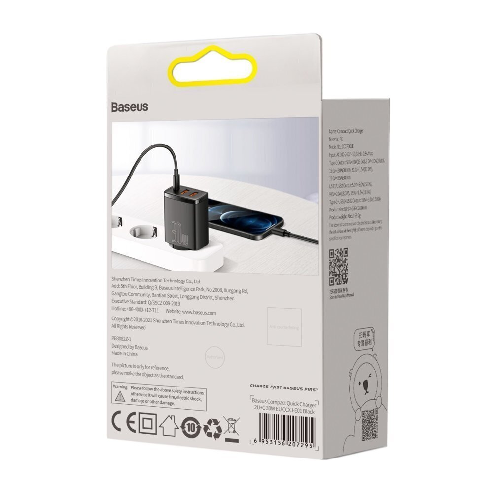 Seina kiirlaadija 30 W 2xUSB + USB-C QC3.0 PD3.0, must hind ja info | Mobiiltelefonide laadijad | kaup24.ee