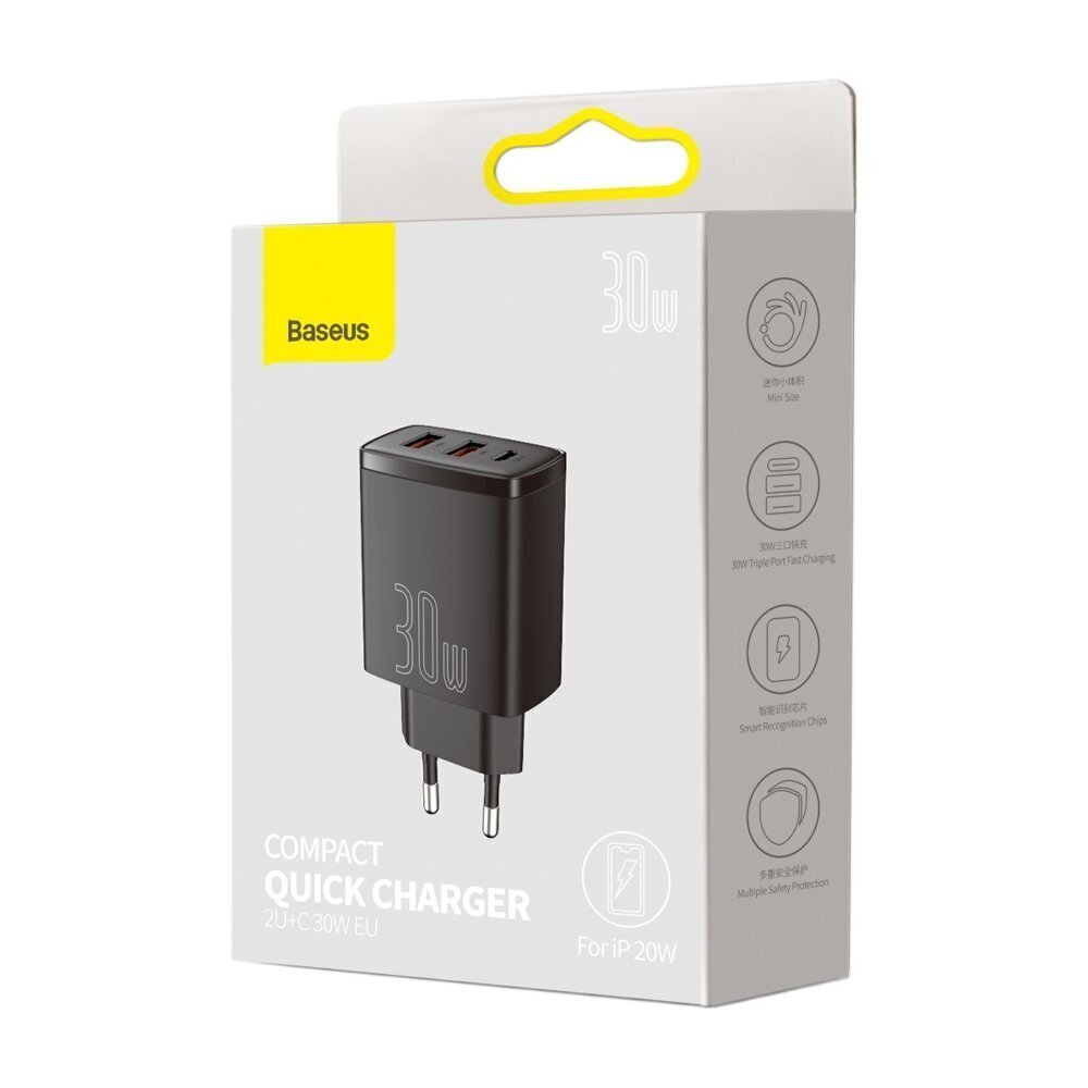 Seina kiirlaadija 30 W 2xUSB + USB-C QC3.0 PD3.0, must hind ja info | Mobiiltelefonide laadijad | kaup24.ee