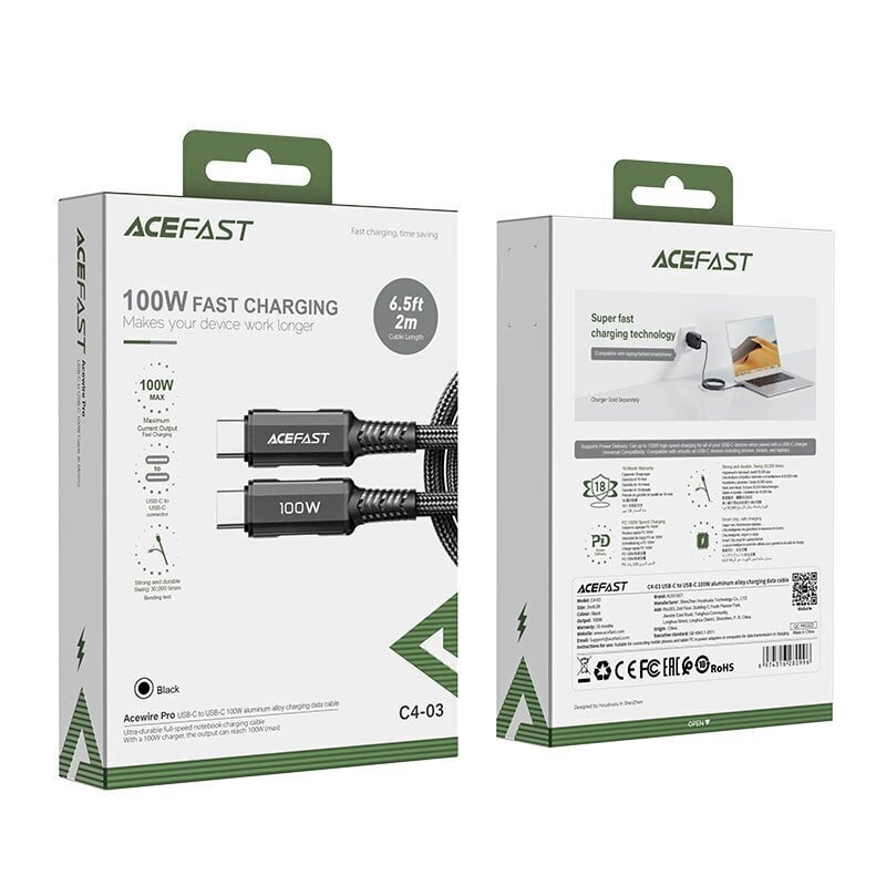 Acefast cable USB Type C - USB Type C 2m, 100W (20V / 5A) black (C4-03 Black) hind ja info | Mobiiltelefonide kaablid | kaup24.ee