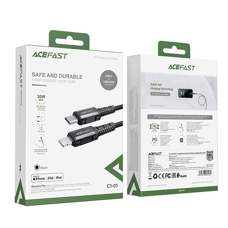 Acefast cable MFI USB Type C - Lightning 1.2m, 30W, 3A black (C1-01 black) цена и информация | Mobiiltelefonide kaablid | kaup24.ee