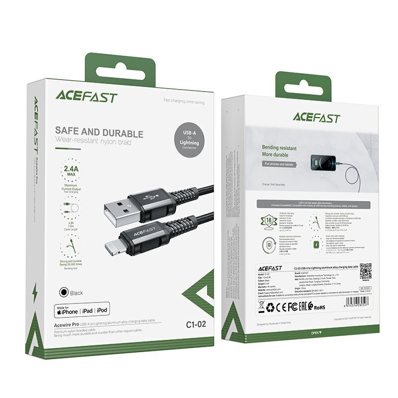 Acefast cable MFI USB - Lightning 1.2m, 2.4A black (C1-02 black) hind ja info | Mobiiltelefonide kaablid | kaup24.ee