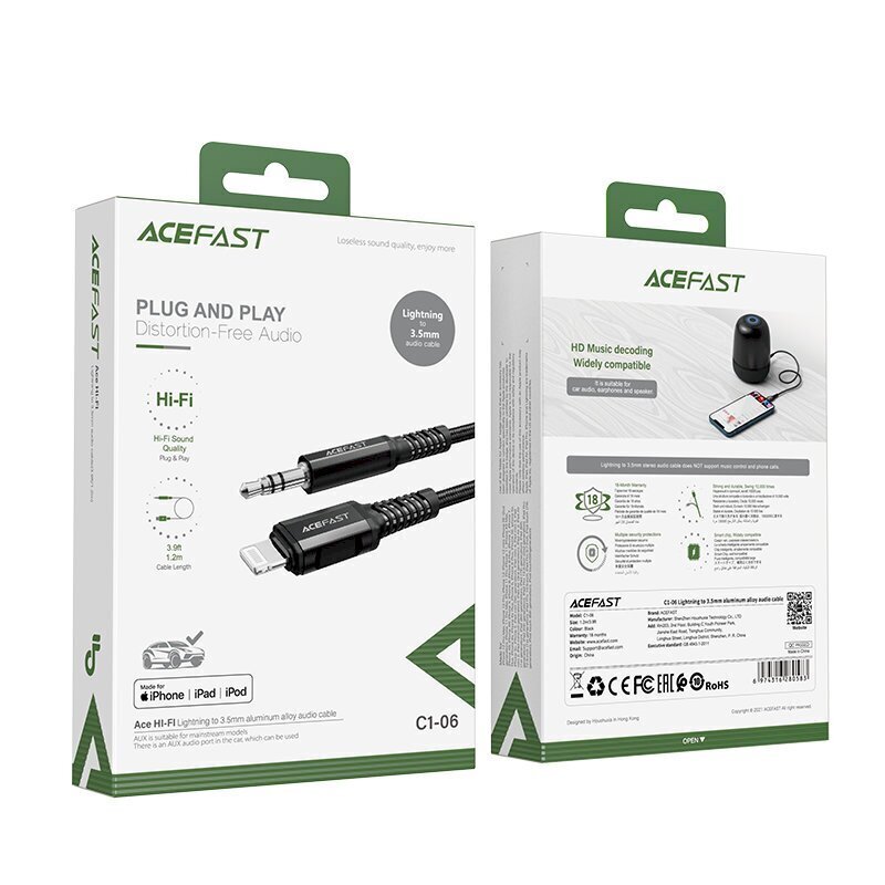 Acefast audio cable MFI Lightning - 3.5mm mini jack (male) 1.2m, AUX black (C1-06 black) hind ja info | Mobiiltelefonide kaablid | kaup24.ee