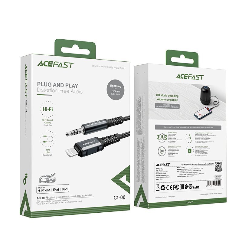 Acefast audio cable MFI Lightning - 3.5mm mini jack (male) 1.2m, AUX gray (C1-06 deep space gray) цена и информация | Mobiiltelefonide kaablid | kaup24.ee