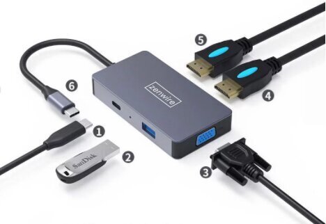 Adapter Hub 5W1 Usb-C 2 x HDMI 4K VGA USB 3.0 PD ZW Macbook Pro M1 цена и информация | USB jagajad, adapterid | kaup24.ee