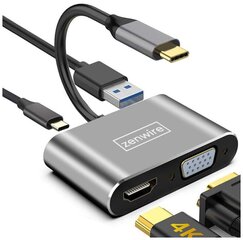 Adapter Hub Usb-C 4 in 1 HDMI 4K VGA Usb-adapter Zenwire цена и информация | Адаптер Aten Video Splitter 2 port 450MHz | kaup24.ee