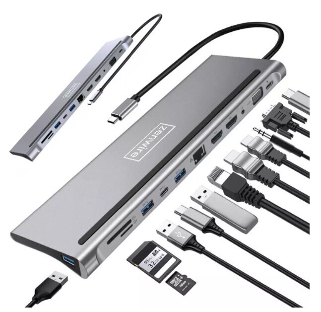 Dokijaama jaotur Usb-C 12 in 1 Ethernet RJ45 2 x HDMI 4K USB 3.0 Power Delivery SD micro SD Macbook Pro Air M1 Zenwire цена и информация | USB jagajad, adapterid | kaup24.ee