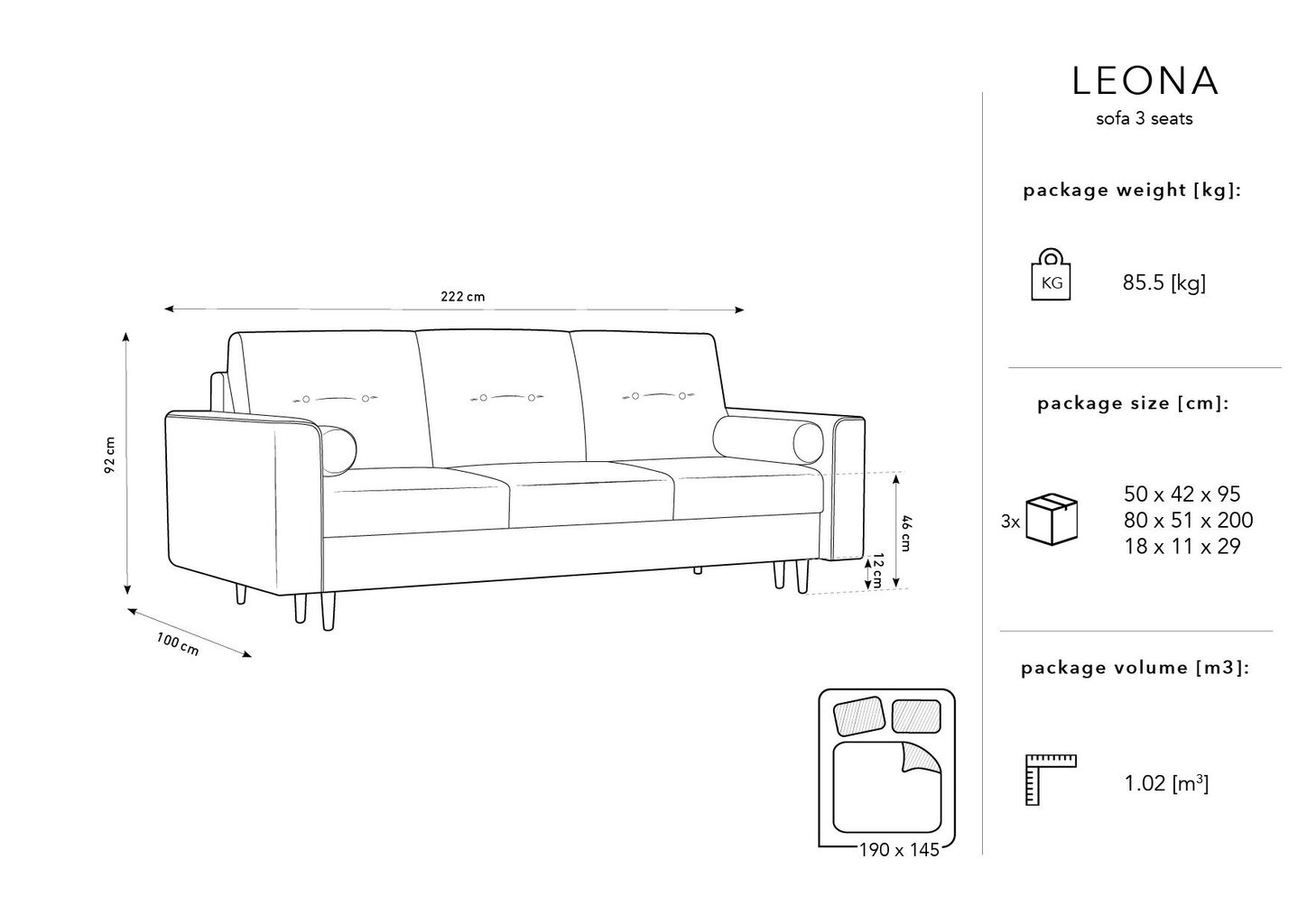 Kolmekohaline veluurdiivan Micadoni Home Leona, lilla/must цена и информация | Diivanid ja diivanvoodid | kaup24.ee