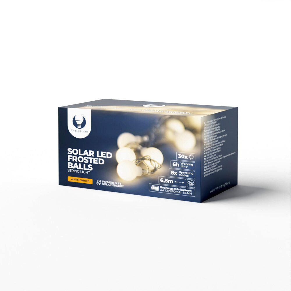 Päikeseenergiaga laetavad tuled LED Frosted Balls SFB61 6,5m Forever Light, 30 kuuli, soe valge toon цена и информация | Jõulutuled | kaup24.ee