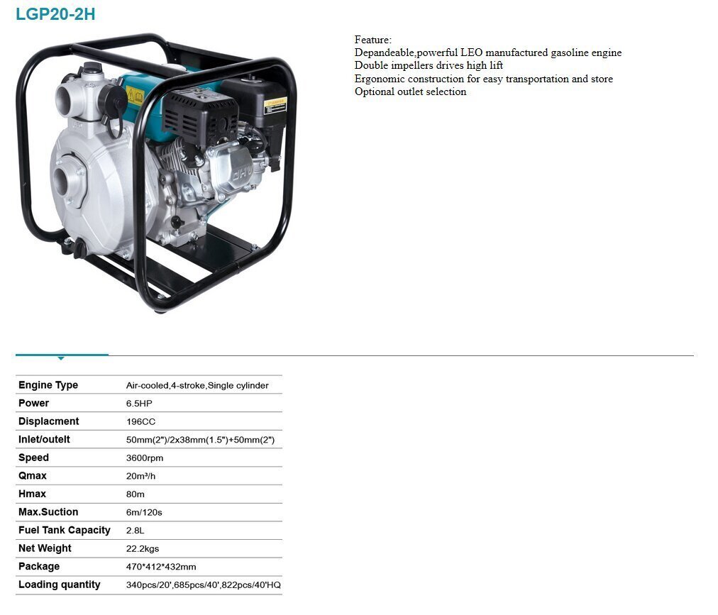 Neljataktiline bensiinimootoriga pump LEO LGP20-2H hind ja info | Puhta vee pumbad | kaup24.ee