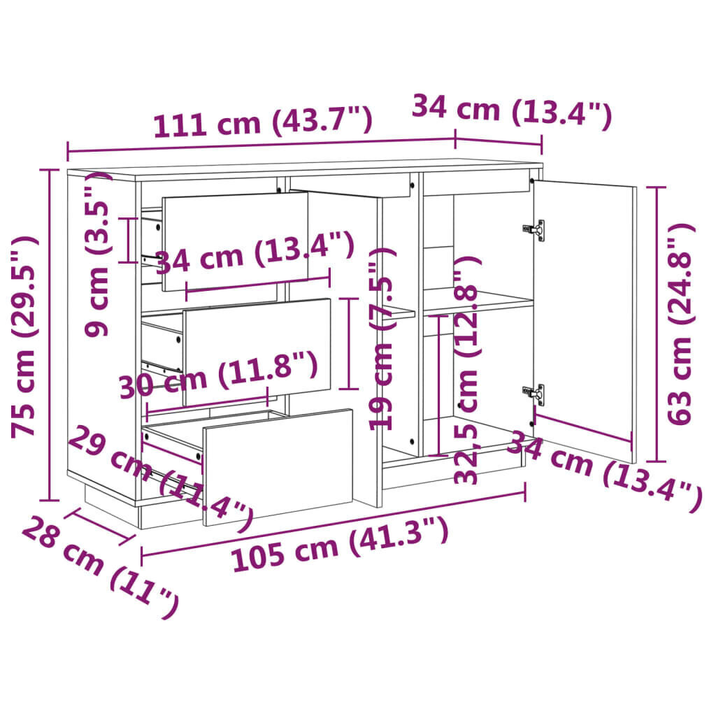 vidaXL puhvetkapp, 111 x 34 x 75 cm, toekas männipuit hind ja info | Elutoa väikesed kapid | kaup24.ee