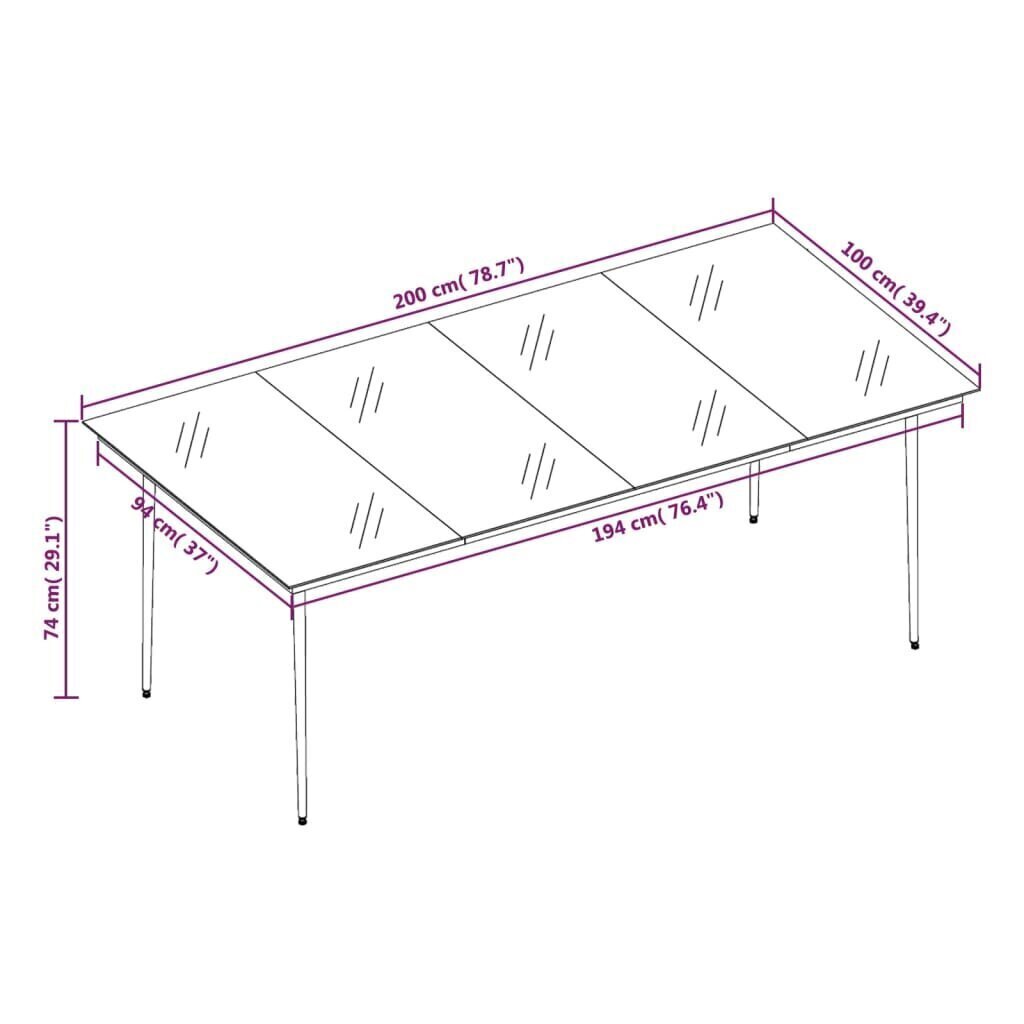 vidaXL aia söögilaud, must, 200 x 100 x 74 cm, teras ja klaas hind ja info | Aialauad | kaup24.ee