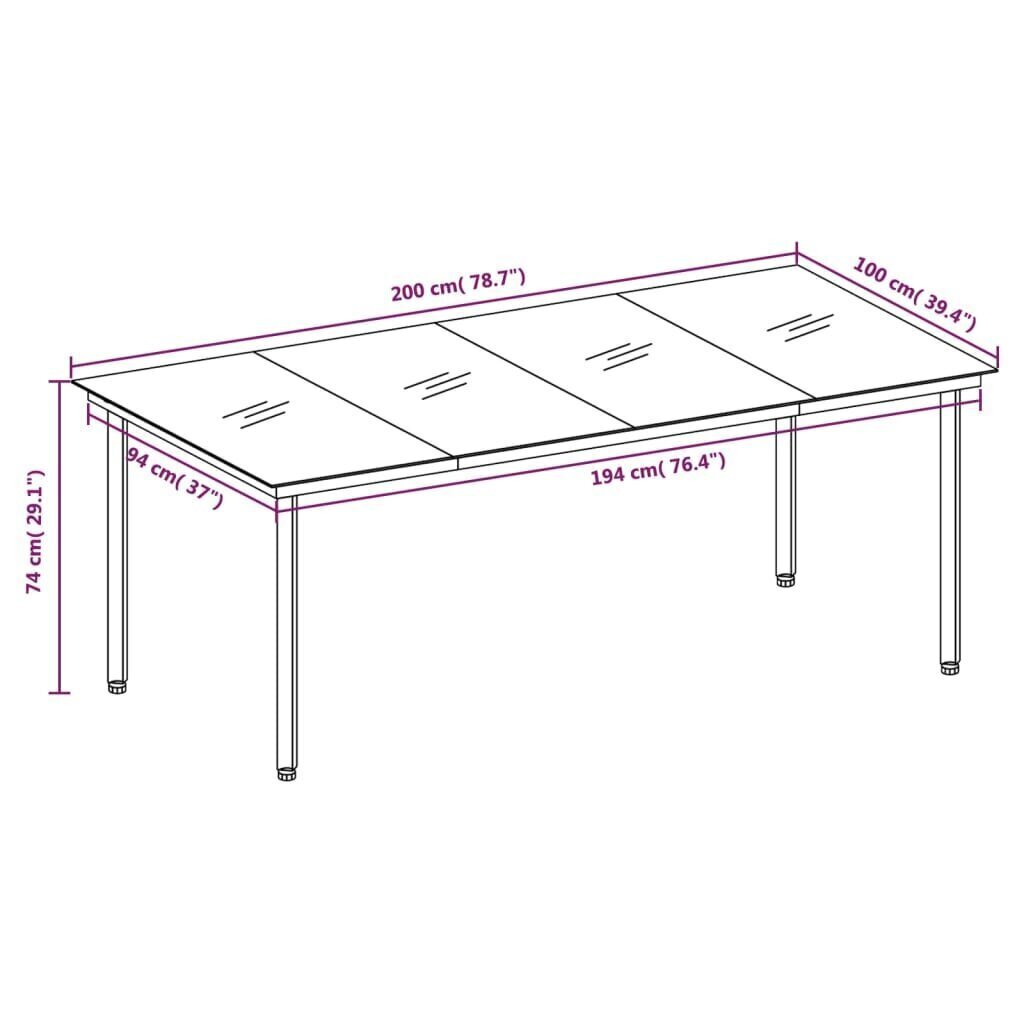 vidaXL aia söögilaud, must, 200 x 100 x 74 cm, teras ja klaas hind ja info | Aialauad | kaup24.ee