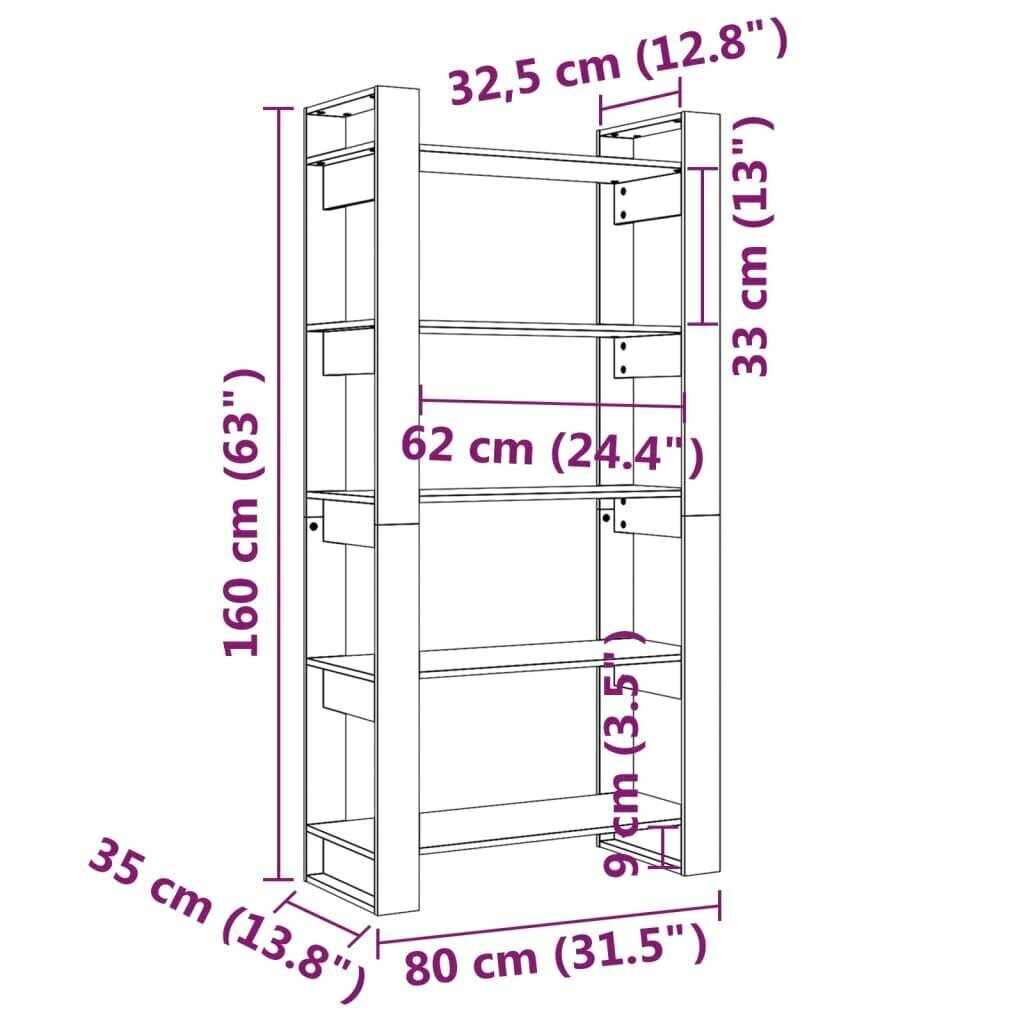 vidaXL raamaturiiul/ruumijagaja, must, 80 x 35 x 160 cm, täismännipuit hind ja info | Riiulid | kaup24.ee