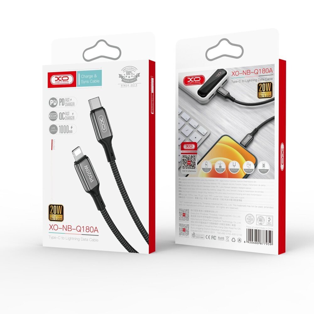 XO cable NB-Q180A PD USB-C - Lightning 1,0m 20W black hind ja info | Mobiiltelefonide kaablid | kaup24.ee