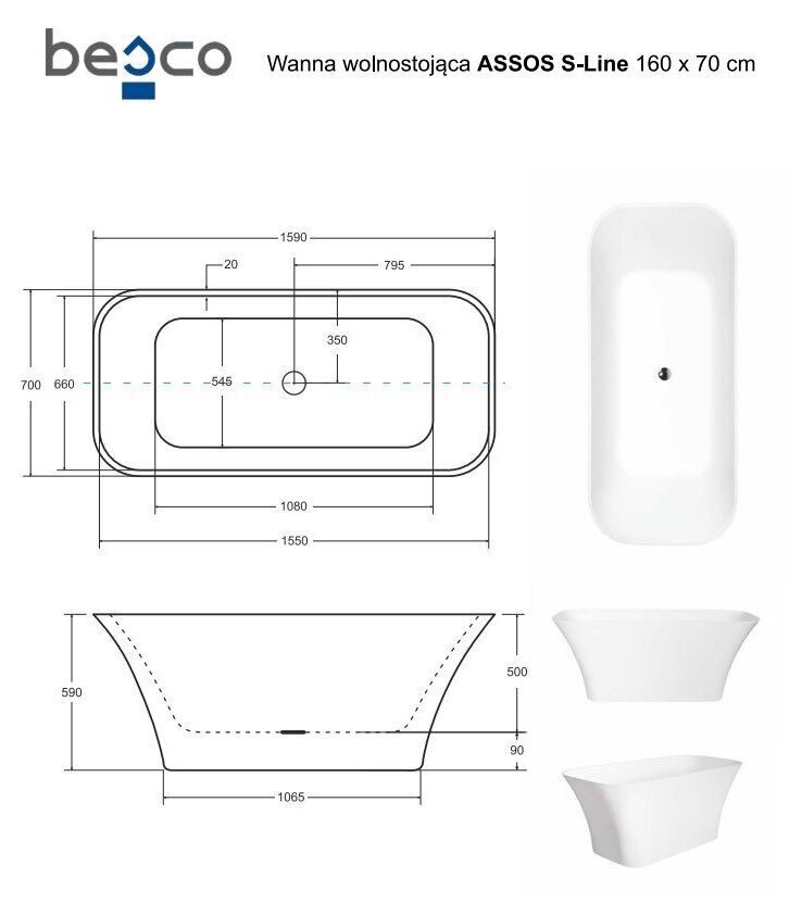 Vannn Besco Assos S-Line 160, Klik-klak Chrome цена и информация | Vannid | kaup24.ee