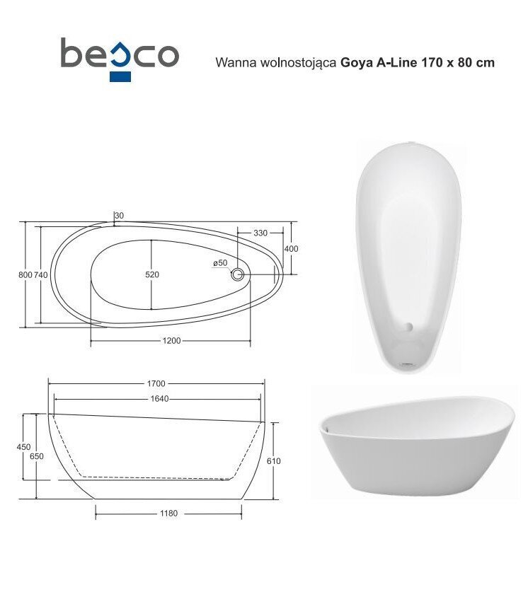 Vann Besco Goya A-Line 170, koos grafiidi värvi sifooni kattega hind ja info | Vannid | kaup24.ee