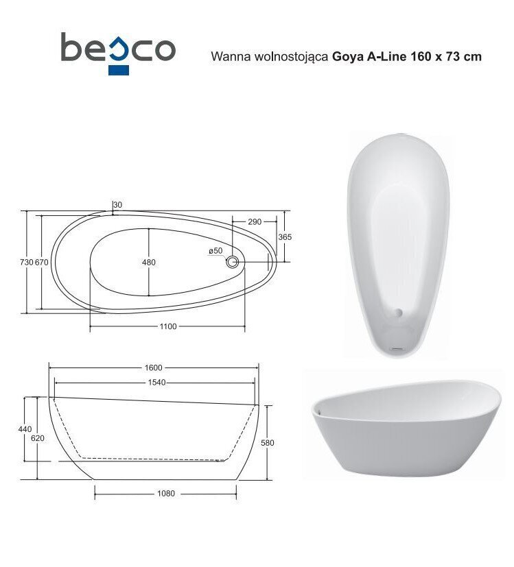 Vann Besco Goya A-Line 160, koos kroomitud sifooni kattega hind ja info | Vannid | kaup24.ee