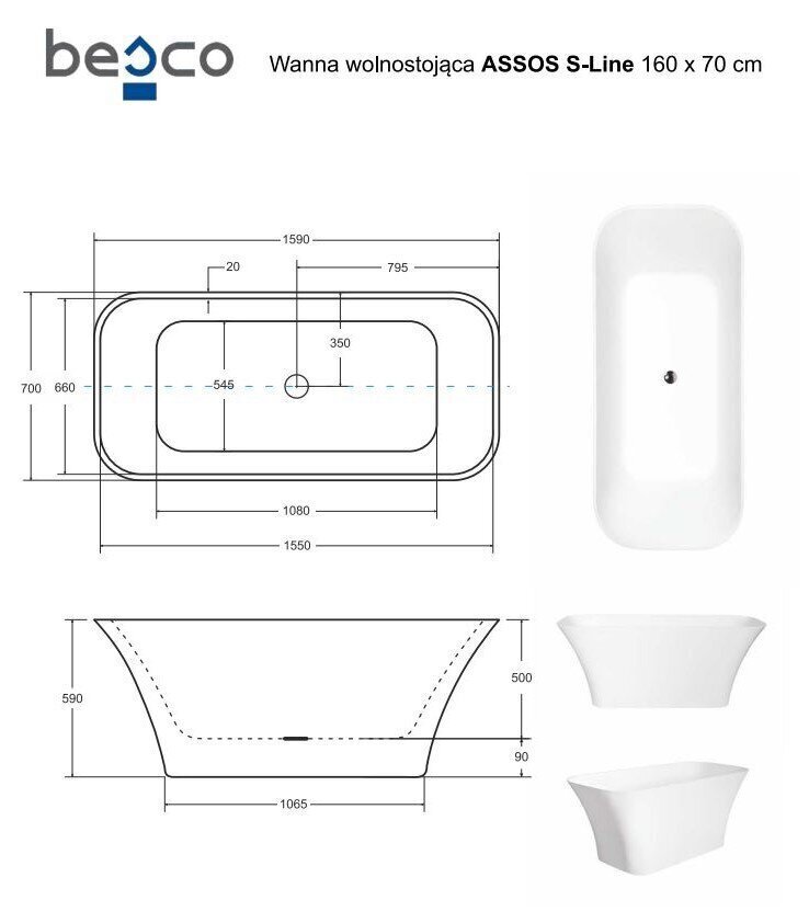 Vann Besco Assos S-Line 160, Klik-klak White hind ja info | Vannid | kaup24.ee