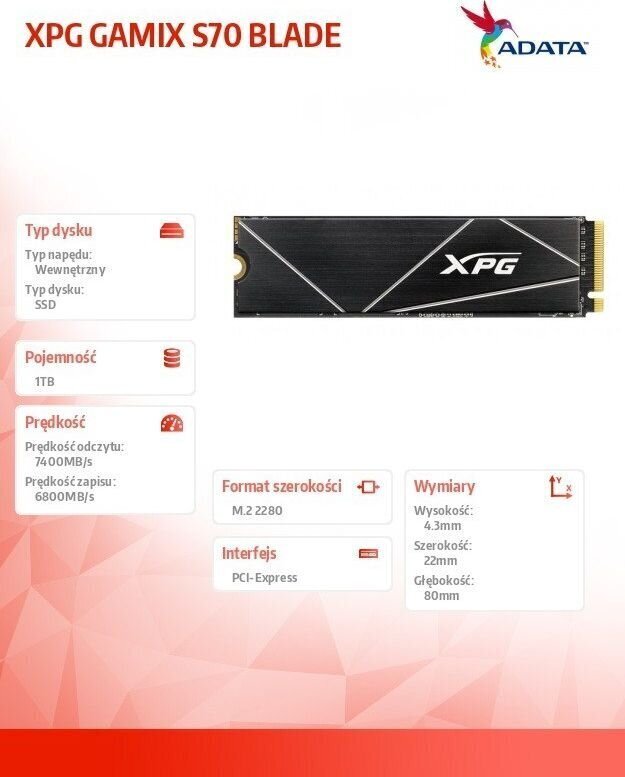 Adata XPG Gammix S70 Blade, 1TB цена и информация | Sisemised kõvakettad (HDD, SSD, Hybrid) | kaup24.ee