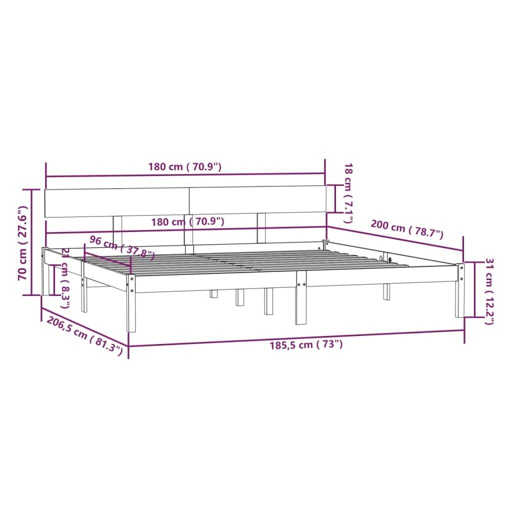 vidaXL voodiraam, valge, täismännipuit, 180 x 200 cm hind ja info | Voodid | kaup24.ee