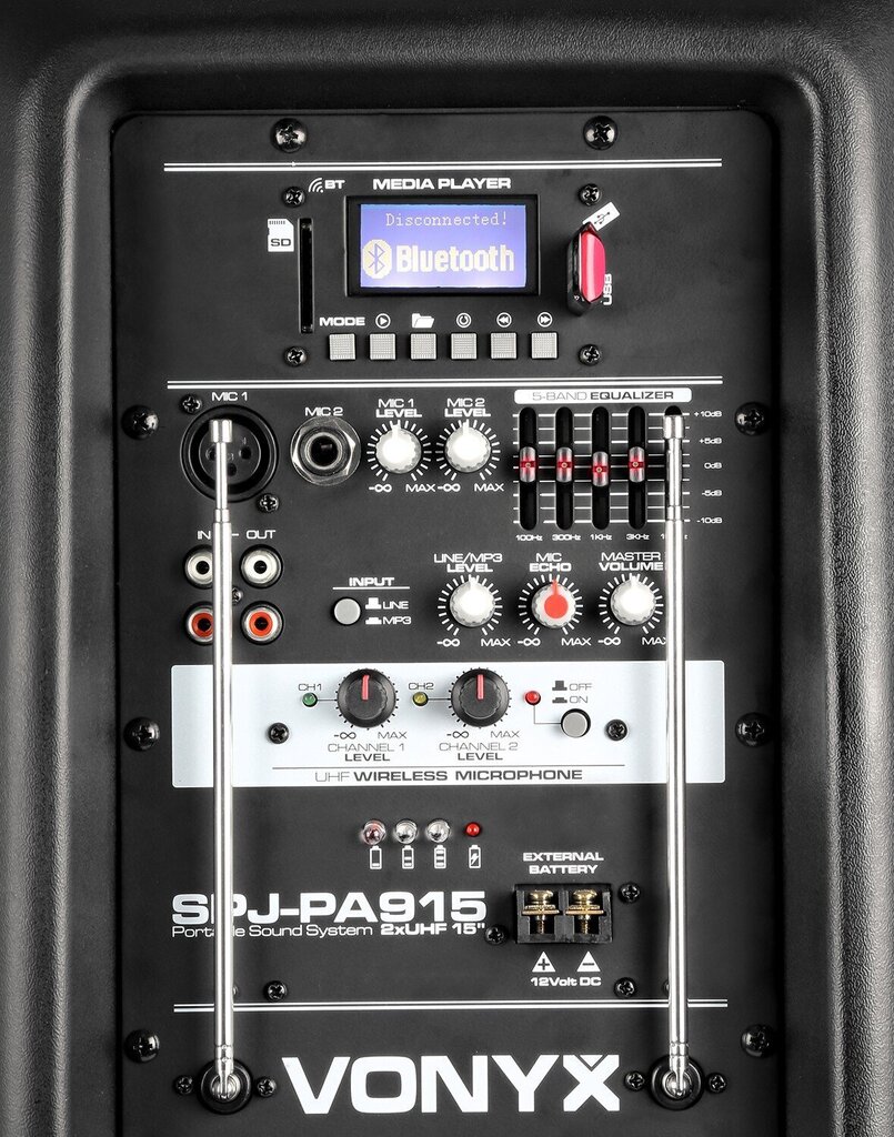 Vonyx SPJ-PA915 kaasaskantav helisüsteem ABS 15" 2 UHF/USB/MP3 цена и информация | Kõlarid | kaup24.ee
