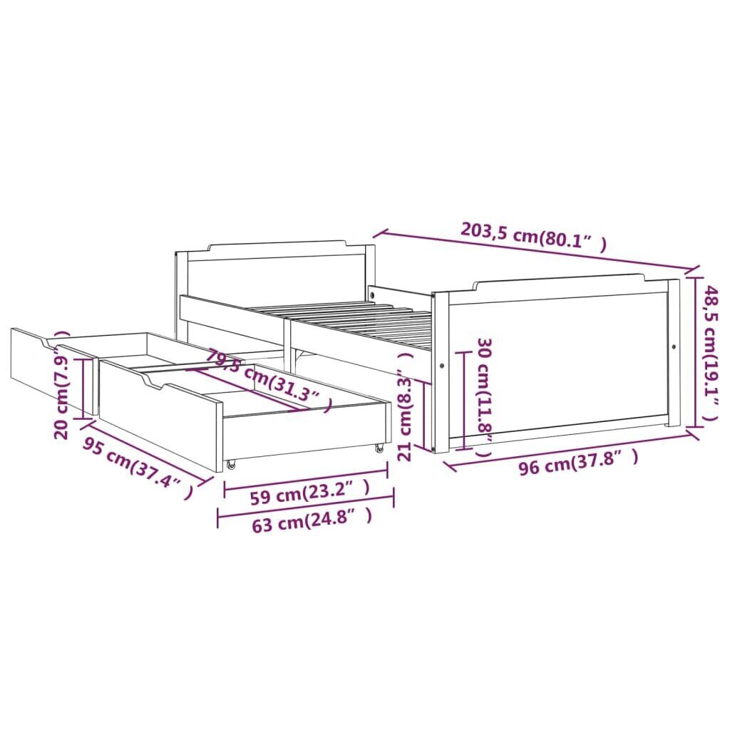 vidaXL voodiraam sahtltega, valge, männipuit, 90 x 200 cm цена и информация | Voodid | kaup24.ee