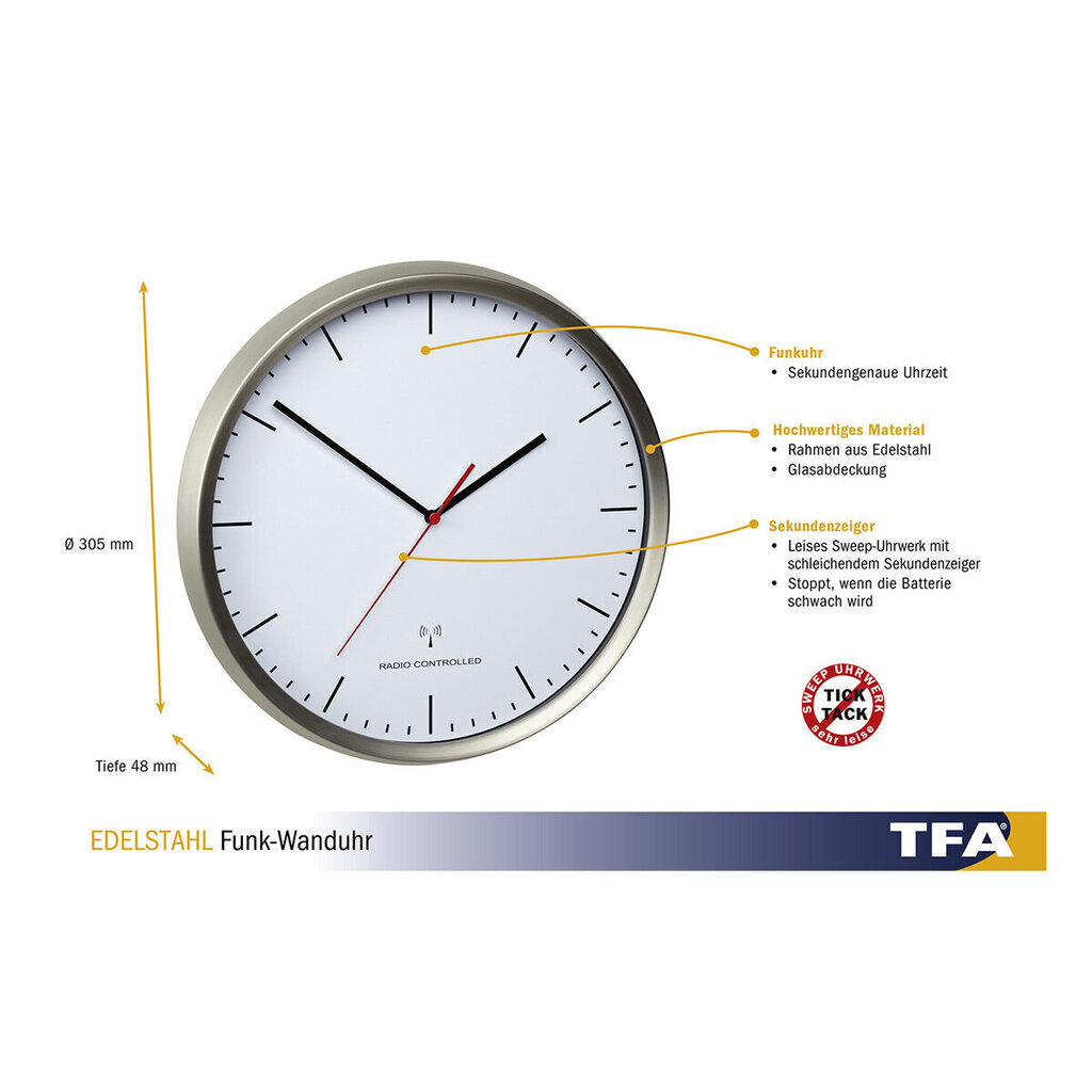 Juhtmevaba seinakell TFA roostevabast terasest raamiga 60.3521 hind ja info | Kellad | kaup24.ee