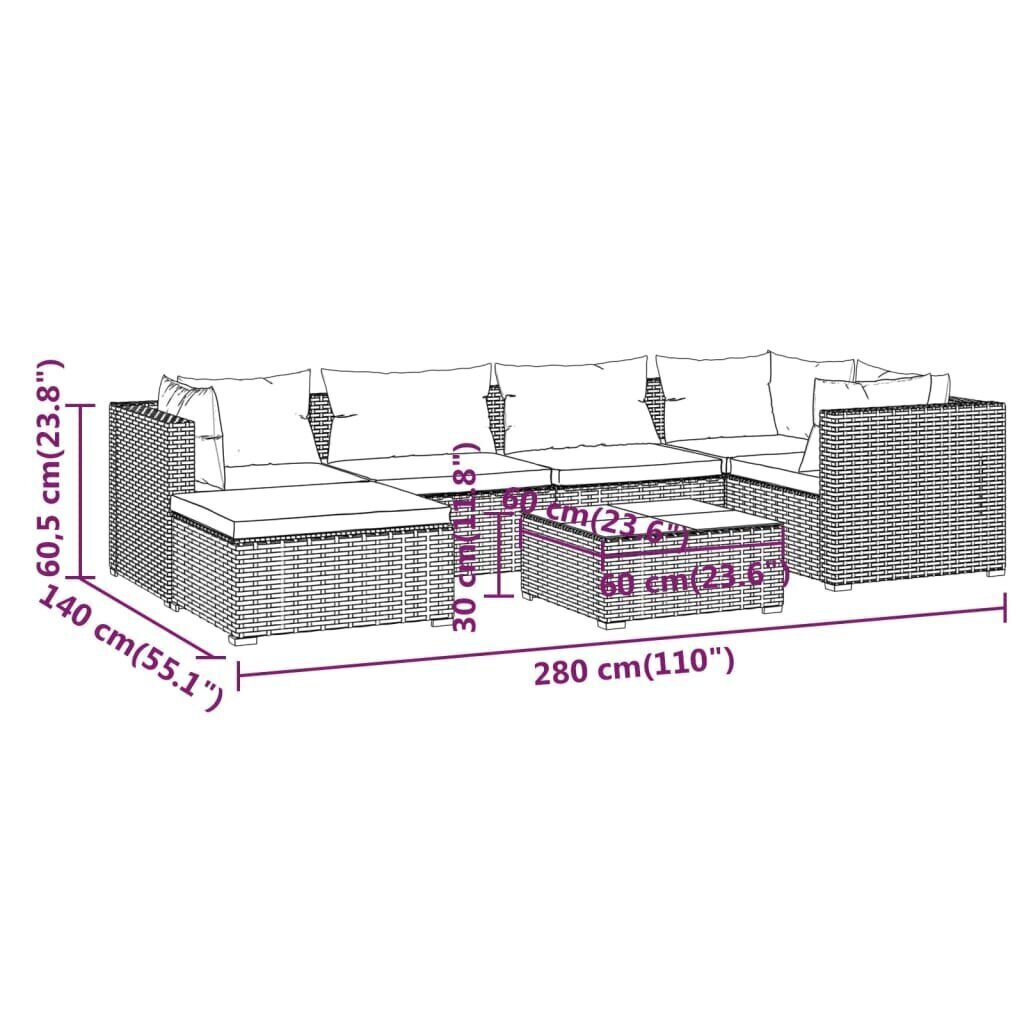 vidaXL 7-osaline aiamööblikomplekt patjadega, polürotang, must hind ja info | Aiamööbli komplektid | kaup24.ee