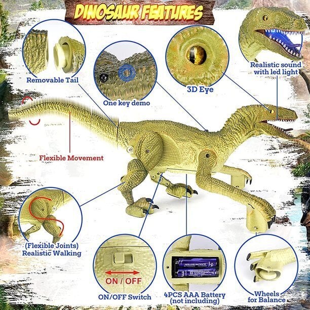 Dinosaurus Velociraptor koos juhtpaneeli, heli- ja valgusefektidega цена и информация | Poiste mänguasjad | kaup24.ee