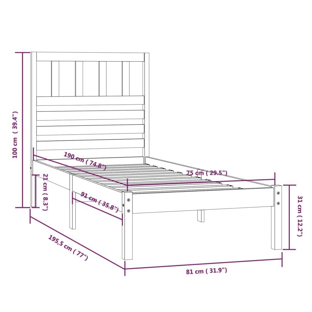 vidaXL voodiraam, täismännipuit, 75 x 190 cm hind ja info | Voodid | kaup24.ee