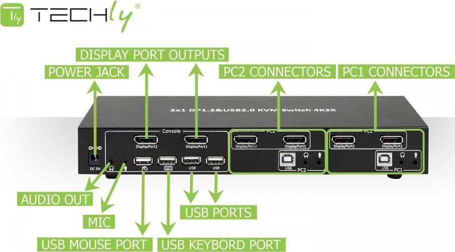 Lüliti Techly DisplayPort/ USB 2x1 Dual Head Video 4K * 30Hz KVM цена и информация | Lülitid (Switch) | kaup24.ee