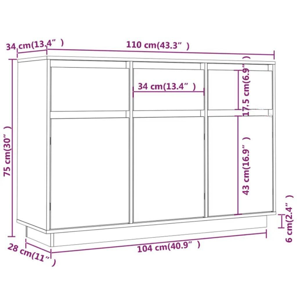 vidaXL puhvetkapp, 110 x 34 x 75 cm, toekas männipuit цена и информация | Elutoa väikesed kapid | kaup24.ee