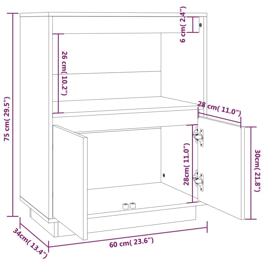 vidaXL puhvetkapp, hall, 60x34x75 cm, toekas männipuit цена и информация | Elutoa väikesed kapid | kaup24.ee