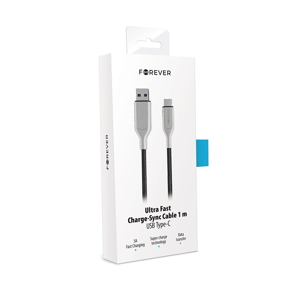 Forever Core Utra Fast cable USB - USB-C 5A black цена и информация | Mobiiltelefonide kaablid | kaup24.ee