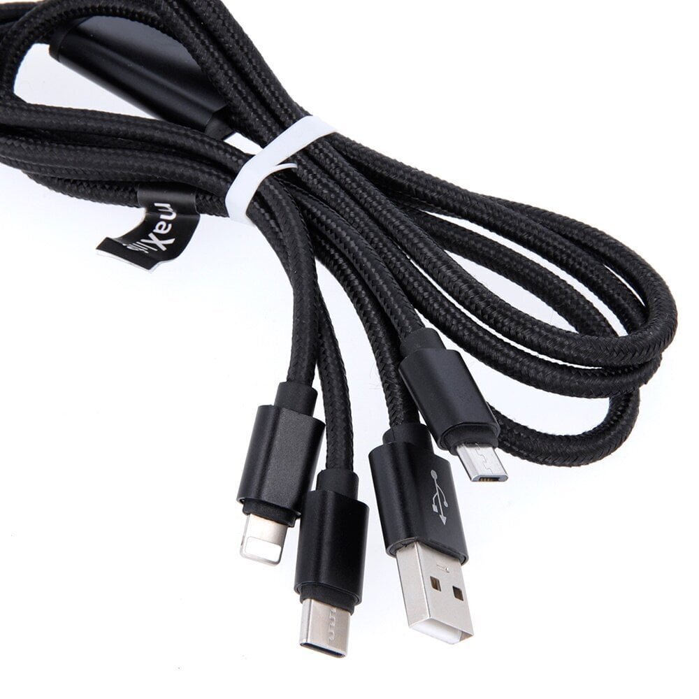 Kaabel Maxlife 3in1 cable USB - Lightning + USB-C + microUSB 1,0 m 2,1A black nylon hind ja info | Mobiiltelefonide kaablid | kaup24.ee